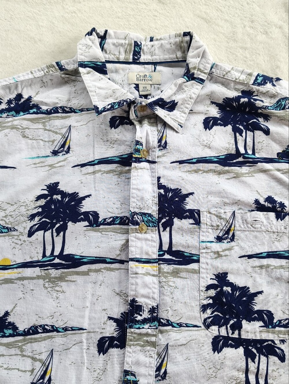croft & barrow White Button-Down Shirt with Navy Palm & Teal Sailboat Print